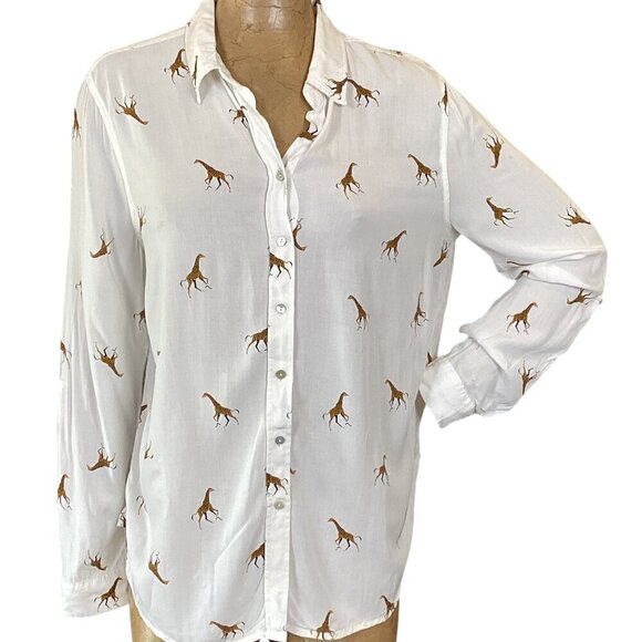 Jane and Delancey White Novelty Giraffe Print Button Down Tunic Top L #304D - Picture 1 of 10